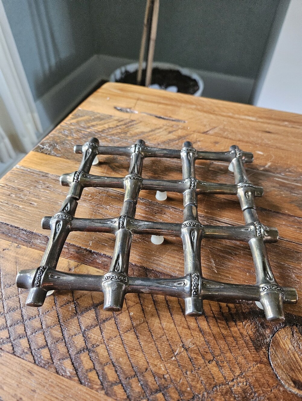 Vintage Faux Bamboo Expandable Trivet, Silver Plated Hot Dish Stand